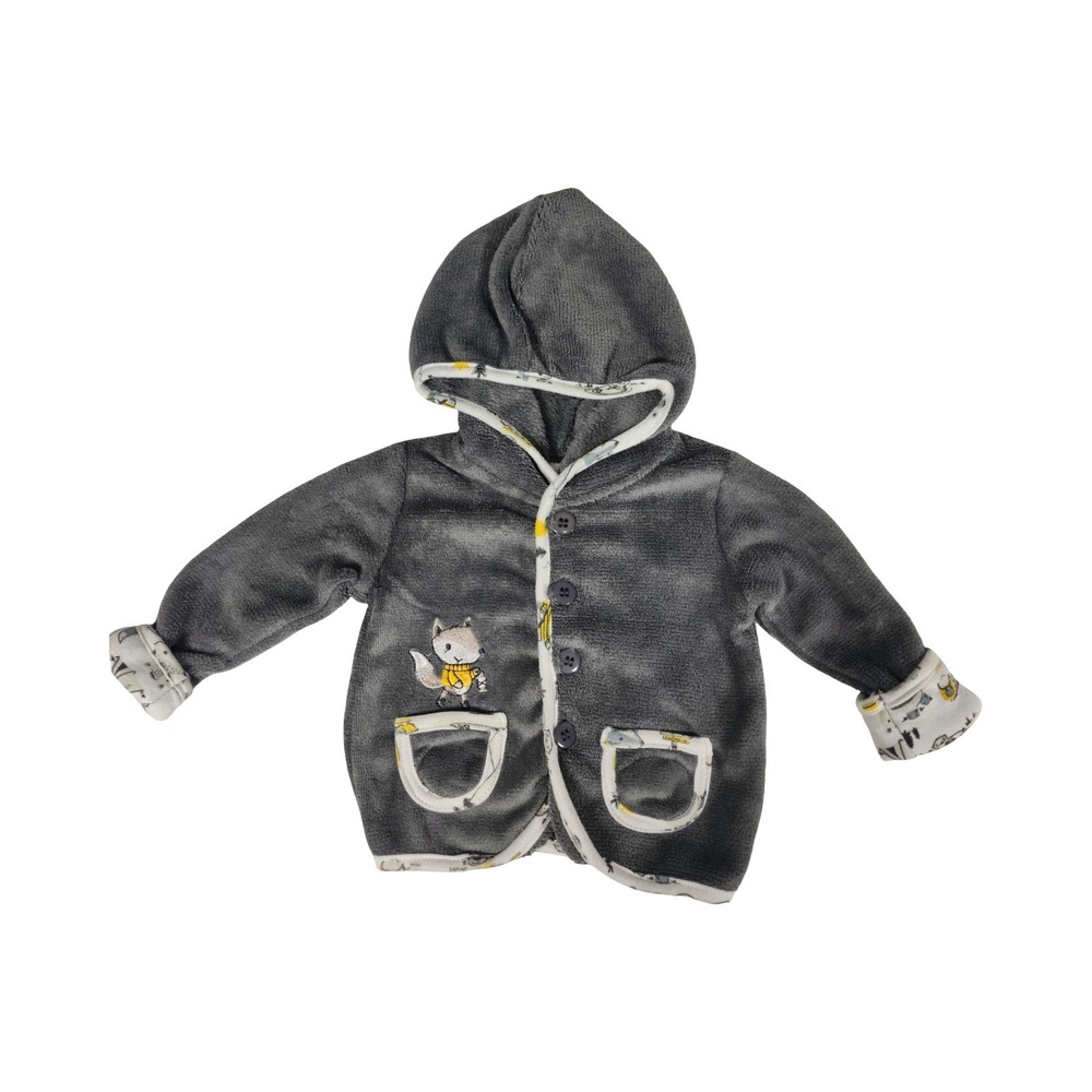 CJP Baby Charcoal Grey Fleece Hooded Cardigan Fox Woodland Print 3-6 Months